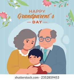 Happy Grandparents Day Cute Cartoon Illustration with Grandchild, Older Couple, Flower Decoration, Grandpa and Grandma in Flat Style for Poster or Greeting Card