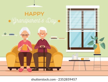 Happy Grandparents Day Cute Cartoon Illustration with Grandchild, Older Couple, Flower Decoration, Grandpa and Grandma in Flat Style for Poster or Greeting Card