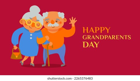 Happy Grandparents Day Cute Elderly Couple Caricature, Grandpa and Grandma in Flat Style for Poster or Greeting Card