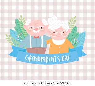 happy grandparents day, cute old couple together with flowers foliage cartoon card vector illustration