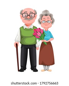 Happy Grandparents day. Cute smiling old woman and handsome aged man. Cheerful grandmother and grandfather cartoon characters. Vector illustration