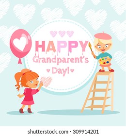 Happy grandparent's day design concept with cute cartoon children celebrating this holiday. Vector illustration