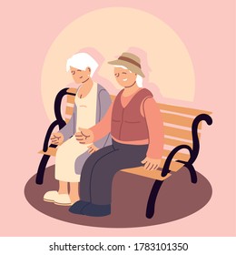 happy grandparents day, elderly couple sit outdoor vector illustration design