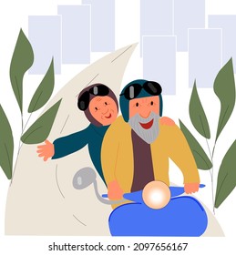 Happy grandparents day. Elderly couple on the motorcycle. Old man and old woman. Together forever. I love you. Greeting card, background.