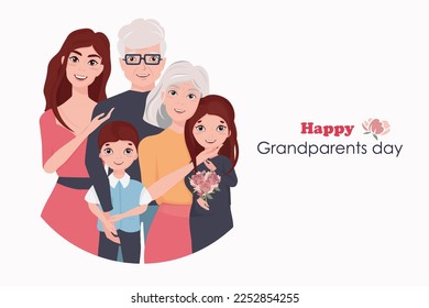 Happy Grandparents Day. Happy elderly couple with grandchildren and children. Vector image of several generations of a family.