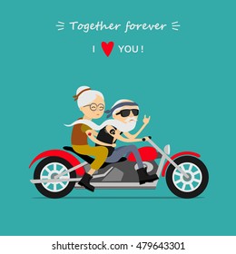 Happy grandparents day. Elderly couple on the motorcycle. Old man and old woman. Together forever. I love you. Greeting card, background.