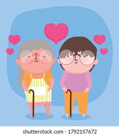 happy grandparents day, elderly grandma grandpa with hearts love walk sticks cartoon vector illustration