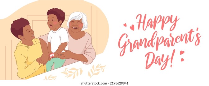 Happy Grandparents Day. Grandmother and grandchildren hug and laugh. African American Loving family, generational relationships. Siblings, children of all ages. For posters, postcards, flyers, books