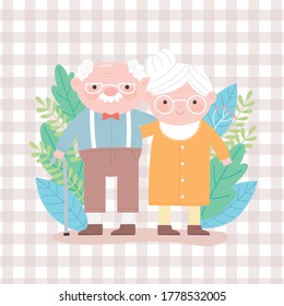 happy grandparents day, grandpa grandma together leaves foliage character cartoon card vector illustration