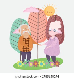 happy grandparents day, grandpa and grandma standing together landscape flowers trees cartoon vector illustration