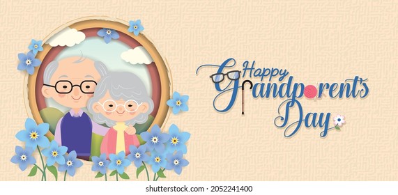 Happy Grandparent's Day greeting banner. Cartoon grandparents with lettering and forget-me-not flowers on die cut layered background. Senior couple flat design. Cute old man hugging old lady.