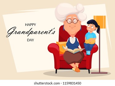 Happy grandparents day greeting card. Silver haired grandma sitting in armchair and reading a book to her granddaughter. Cartoon character. Vector illustration 