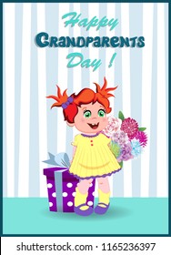 Happy grandparents day greeting card with cute cartoon little girl character with ginger hair holding big gift box and flowers bouquet on striped wall background. Vector illustration of kawaii baby. 