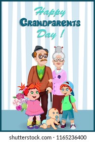 Happy grandparents day greeting card. Cartoon vector illustration of elderly couple and grandchildren together. Grandfather, grandmother, granddaughter, grandson and baby in the room. 