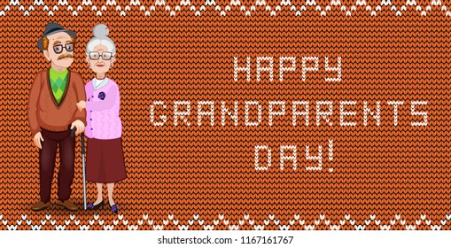 Happy grandparents day greeting card for grandmother and grandfather. Vector cartoon loving elderly couple embrace on orange fabric knitting background with wavy ornament and festive inscription. 