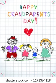 Happy grandparents day greeting card.  Cute kids hand drawn style vector illustration of woman and man holding hands of boy and girl on notebook squared sheet background with sun and clouds. 