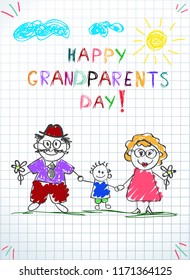 Happy grandparents day greeting card.  Cute kids hand drawn style vector illustration of woman and man holding hands of boy on notebook squared sheet background with sun and clouds. Kids drawings.