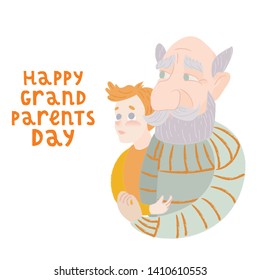 Happy Grandparents day greeting card. Senior man smiling his grandson hugging him. Relax family love people. Children retirement 
