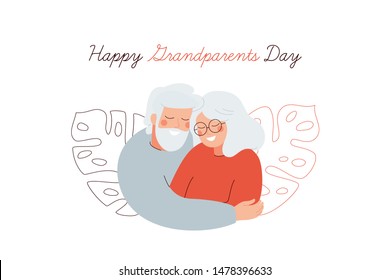 Happy Grandparents Day greeting card. Elderly people embrace each other with love. Vector illustration isolated on white background 