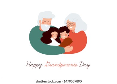 Happy Grandparents Day greeting card. Senior generation embrace their grandson and granddaughter with love and care. Vector illustration isolated on white background 