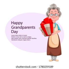 Happy Grandparents day greeting card. Cute smiling old woman. Cheerful grandmother cartoon character holding gift box. Vector illustration