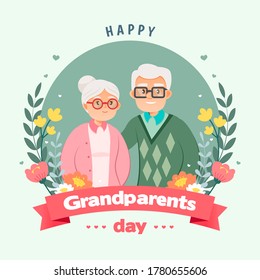 Happy Grandparents Day Greeting Card Vector illustration. Cute cartoon grandparents on vintage green background