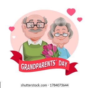 Happy Grandparents day greeting card. Cheerful grandmother and grandfather cartoon characters. Grandma and grandpa standing together. Vector illustration