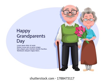 Happy Grandparents day greeting card. Cute smiling old woman and handsome aged man. Cheerful grandmother and grandfather cartoon characters. Vector illustration