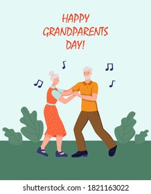 Happy Grandparents day greeting card. Elderly people dance. Cheerful grandmother and grandfather cartoon characters. Day of the elderly. Flat vector illustration.