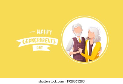 Happy Grandparent's Day Greeting Card design. Elderly couple embracing with love. Hand drawn lettering. Vector Illustration for card, postcard, poster, banner.