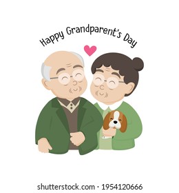 Happy Grandparents day greeting card. Senior family with dog.