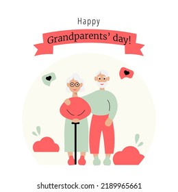 Happy Grandparents Day Greeting Card. Elderly couple embracing with love. Vector Illustration for card, postcard, poster, banner.
