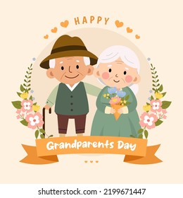 Happy Grandparents day greeting card Vector illustration. Cute cartoon grandparent on vintage beige color background	