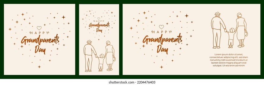 Happy Grandparents Day Greeting Card, Social Media Template. Grandma, Grandpa And Children Line Drawing Design Vector Illustration.