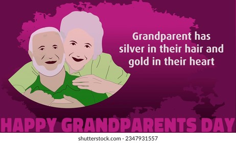 Happy Grandparents Day. Greeting Card Vector illustration. Cute cartoon grandparents on vintage magenta background