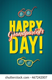 Happy Grandparents Day Greeting Card. Spanish Calligraphy Poster  on Green Knitted Background with Glasses 