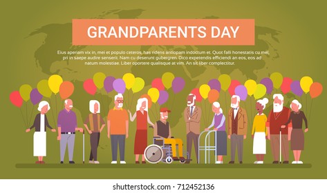 Happy Grandparents Day Greeting Card Banner Mix Race Group Of Senior People Over World Map Vector Illustration