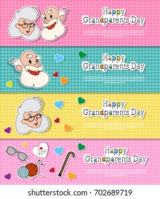 Happy Grandparents Day Greeting Cards Set Colorful Horizontal Banners Pop Art Style Illustration