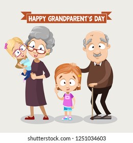 Happy Grandparents Day greeting poster. Cartoon grandfather and grandmother standing with grandchildren together vector illustration. Happy family concept