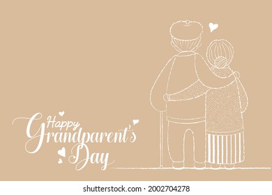 Happy Grandparent's Day  greeting template or copy space. Cartoon old couple hugging each other in white line art. Grandfather and grandmother flat vector. Old people back view. 