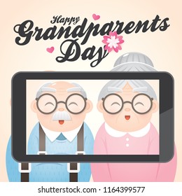 Happy Grandparents Day Greeting vector with smiling grandfather and grandmother taking picture by phone. 