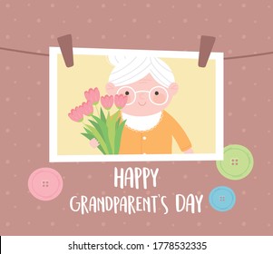 happy grandparents day, hanging photo with granny holding flowers cartoon card vector illustration