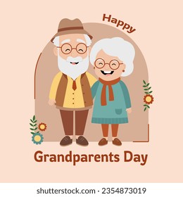 Happy Grandparents Day. Holiday design with cute older couple for social media post, banner, poster, card. Grandma and grandpa hugging each other. Vector flat illustration on beige background