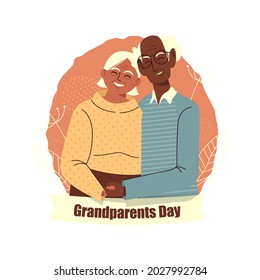 Happy Grandparent's Day. Grandparents hug each other. Elderly people.Vector illustration of a senior couple in love. Isolated on a white background.