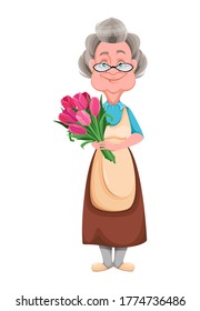 Happy Grandparents day. Kind Granny holding a bouquet of tulips. Cute old woman. Cheerful grandmother cartoon character. Vector illustration isolated on white background