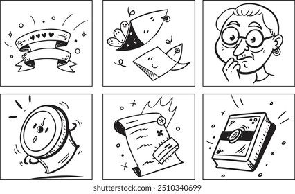 Happy Grandparents Day line art icon set of themes and vector elements design for Grandpa, Grandma Social Media or Print. Lettering Line hand drawn characters, banner, typography poster, postcard,