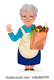 Happy Grandparents Day. Old cute woman grandmother holds bag with vegetables. Vector illustration on white background