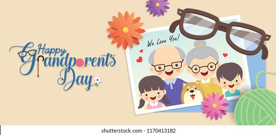 Happy Grandparent's Day. Photo Of Cute Cartoon Grandparents & Grandchildren With Dog. Photo Frame With Flowers, Eyeglasses, Yarn Ball And Greeting Lettering. Vector Illustration.