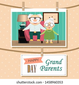 Happy Grandparents Day. Photo of cute cartoon grandparents. Photo frame with rope.