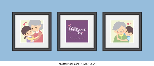 Happy Grandparent's Day. Photo Of Grandparents & Grandchildren With Greeting Lettering. Cute Vector Cartoon Grandfather, Grandmother, Grandson And Granddaughter. Black Square Photo Frame On Wall.